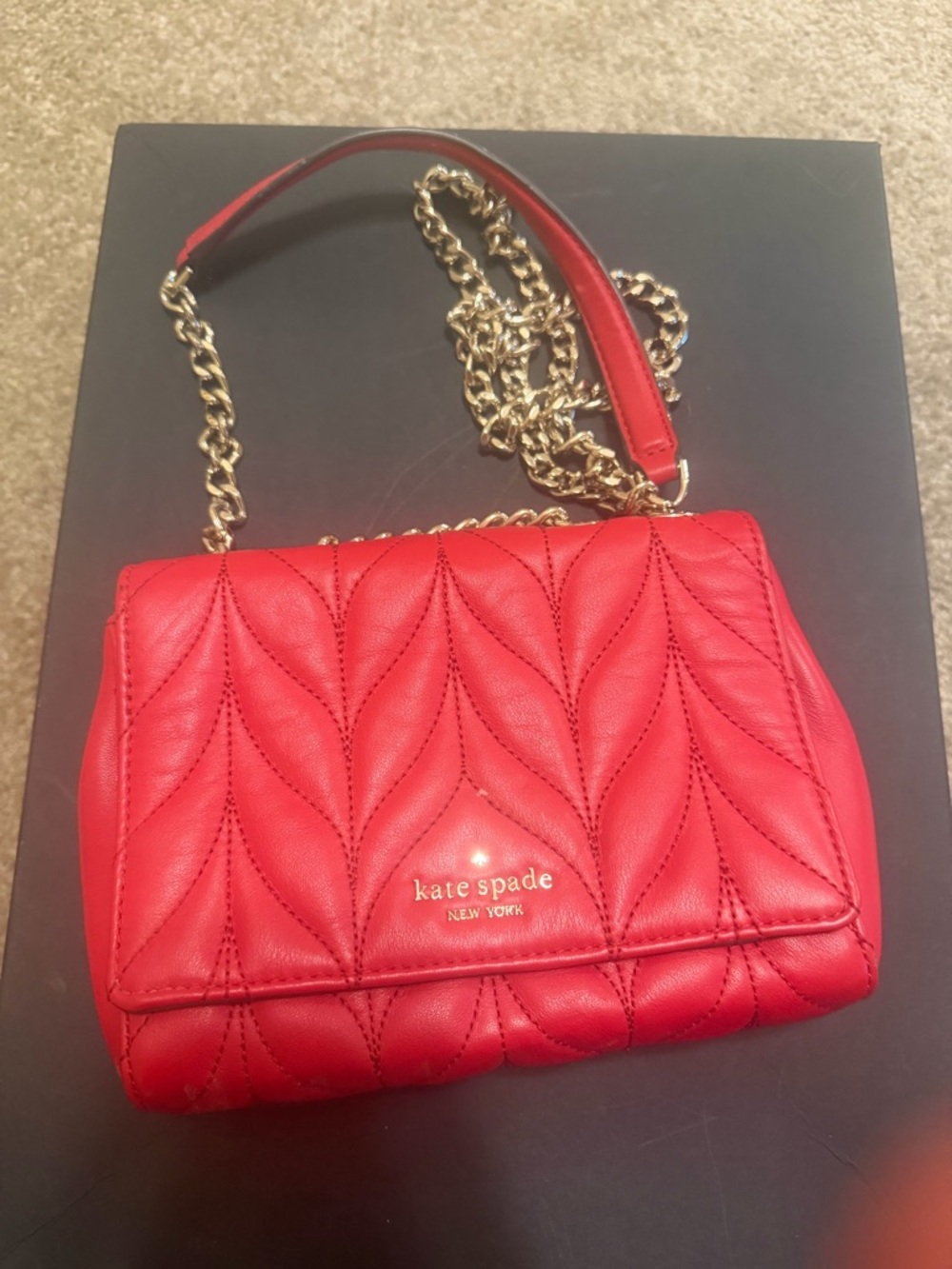 kate spade Red Quilted Leaf-Stitch Leather Crossbody with Gold Chain